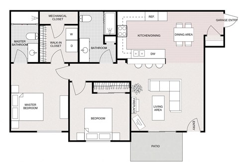 Floor plan for 2 beds, 2 baths, 1067 sqft